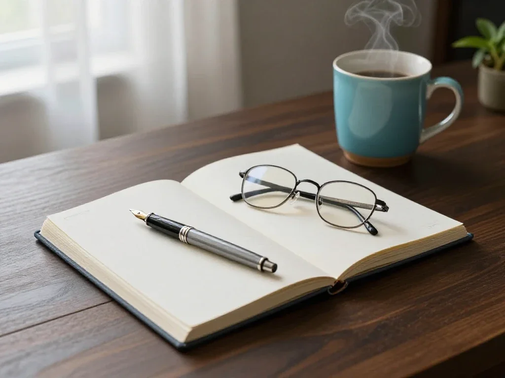 Carnet ouvert et thé chaud sur une table en bois pour illustrer la réflexion quotidienne.